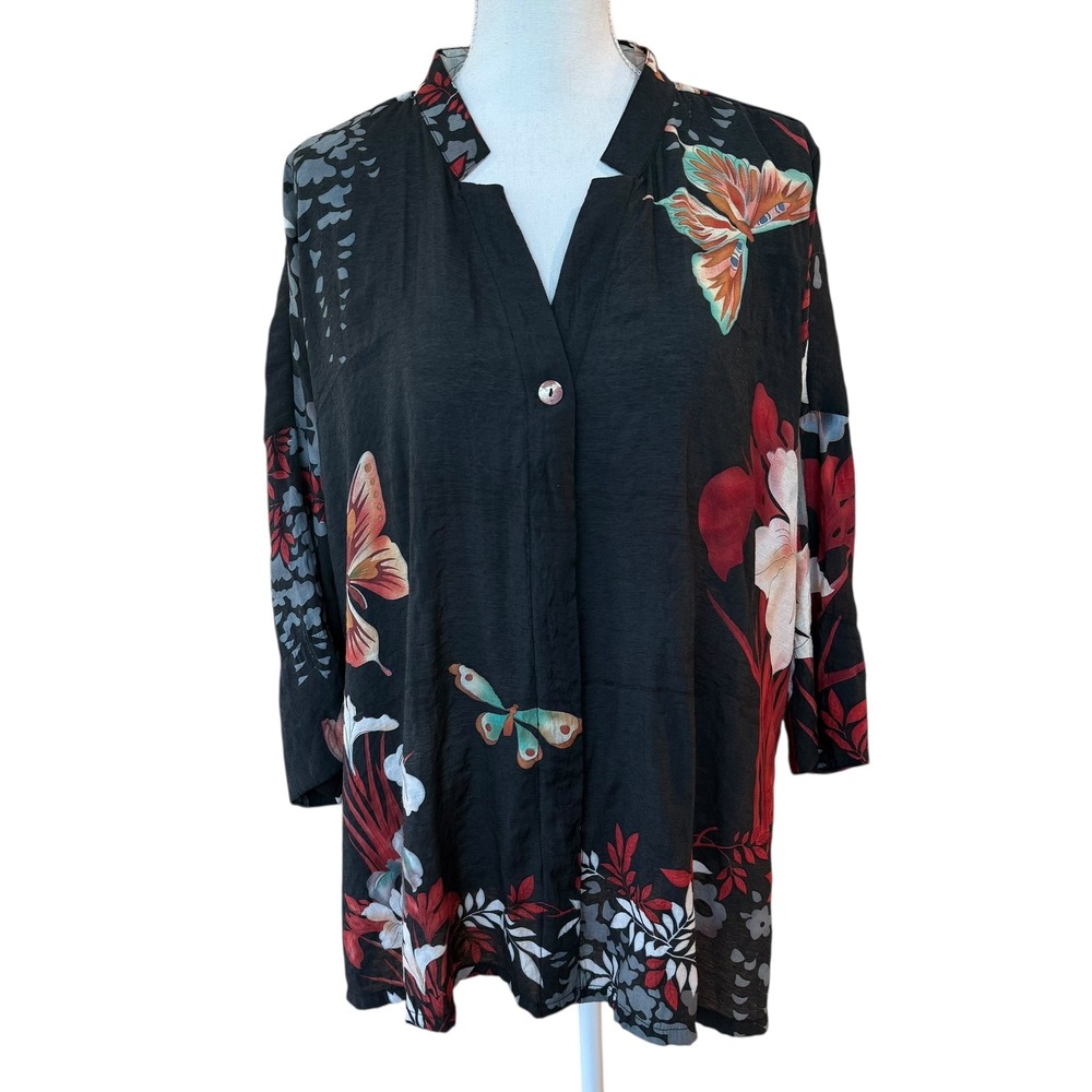 CITRON Women's Butterfly‎ Floral Print Kimono Jacket Top L Black Red